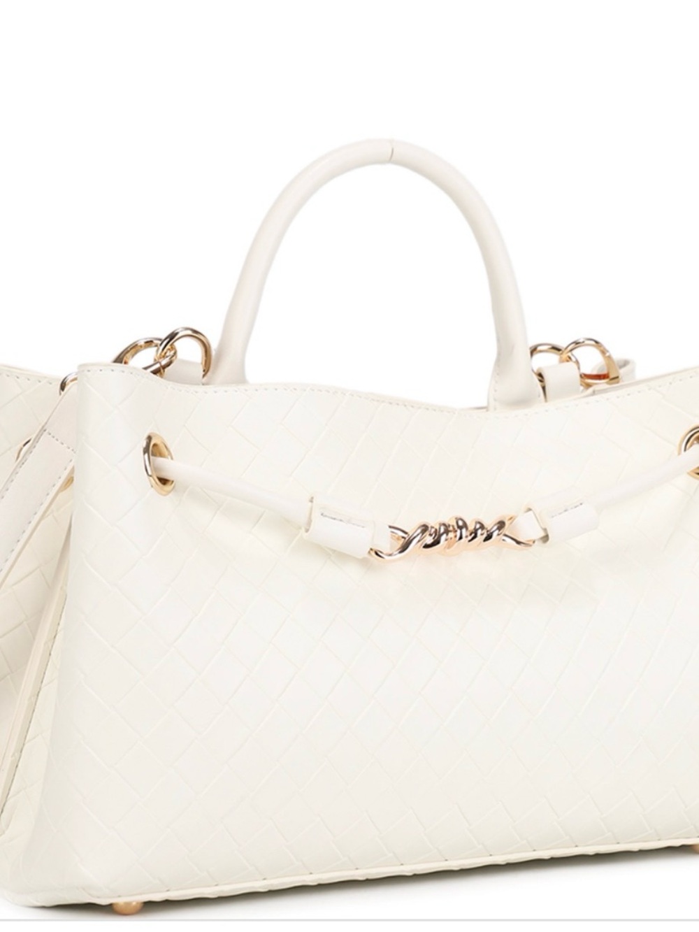 Elegant White Quilted Tote Bag with Gold Accents